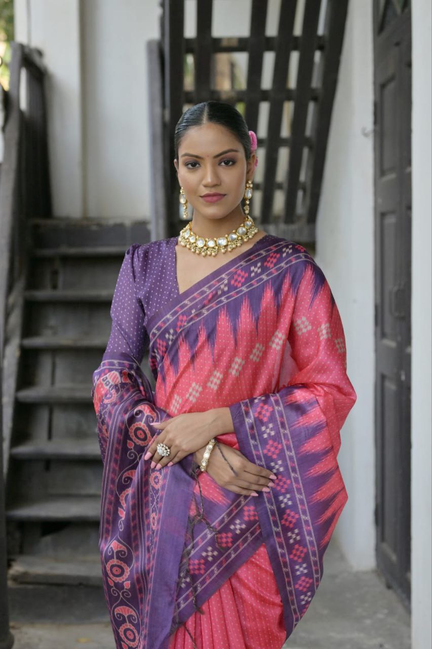 Pink Traditional Tussar Silk Saree