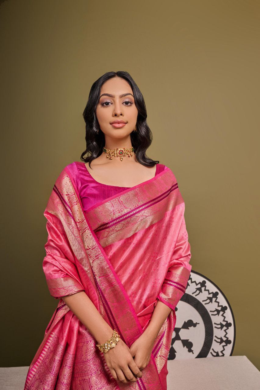 Pink Traditional Tussar Silk Saree