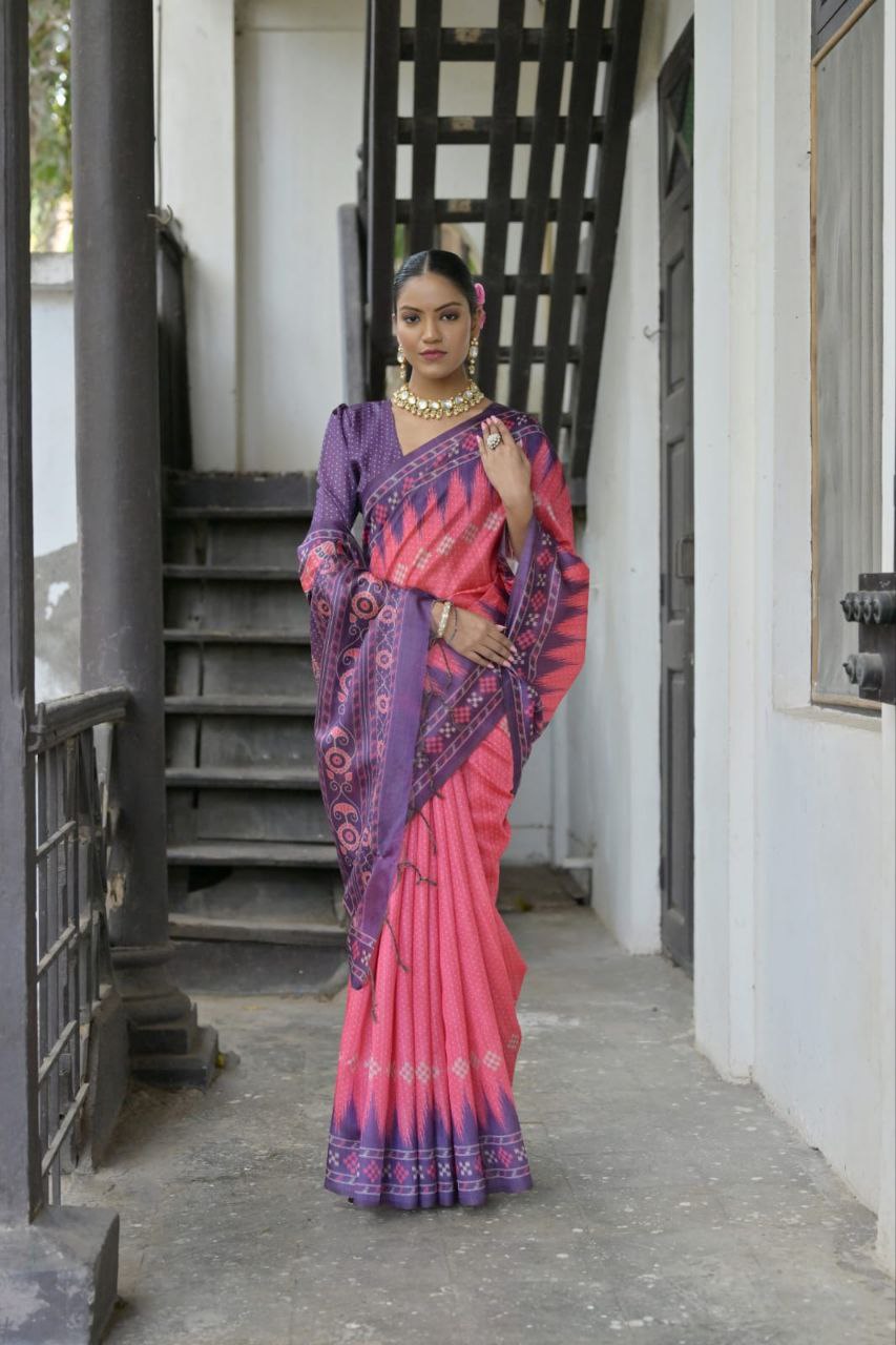 Pink Traditional Tussar Silk Saree