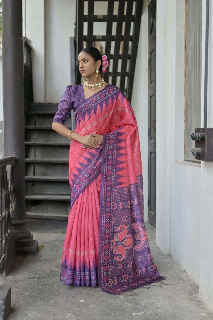 Pink Traditional Tussar Silk Saree