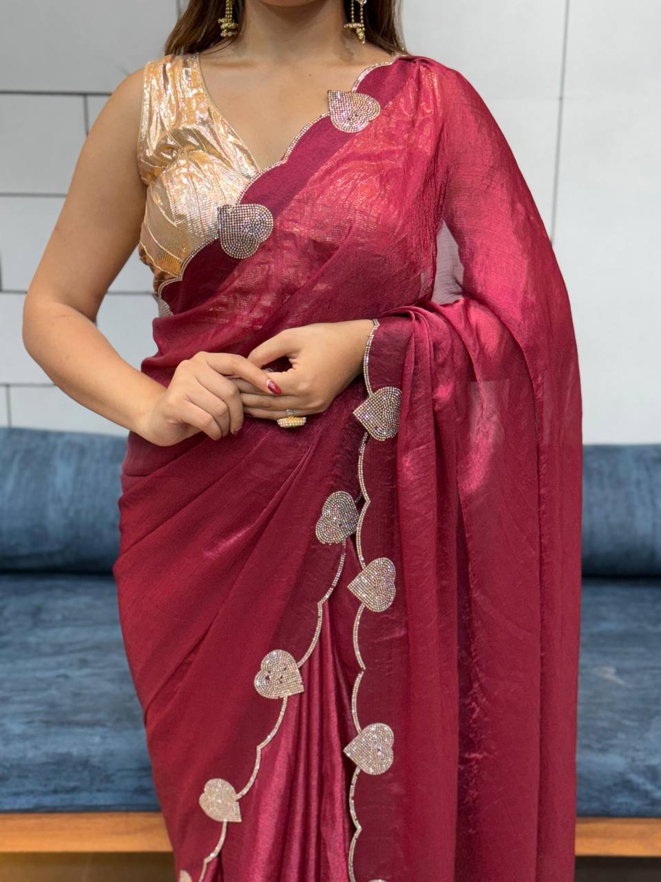 Pinkish Red Diamond Work Space Silk Saree