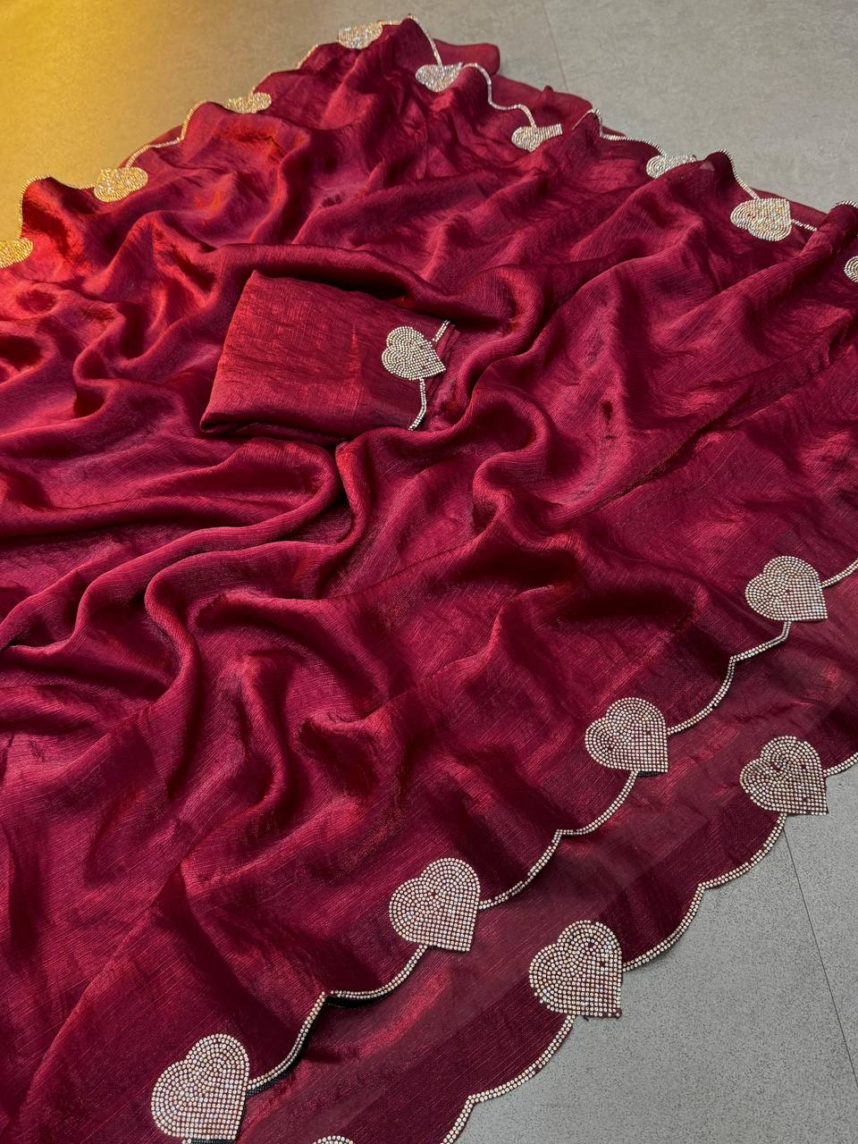 Pinkish Red Diamond Work Space Silk Saree