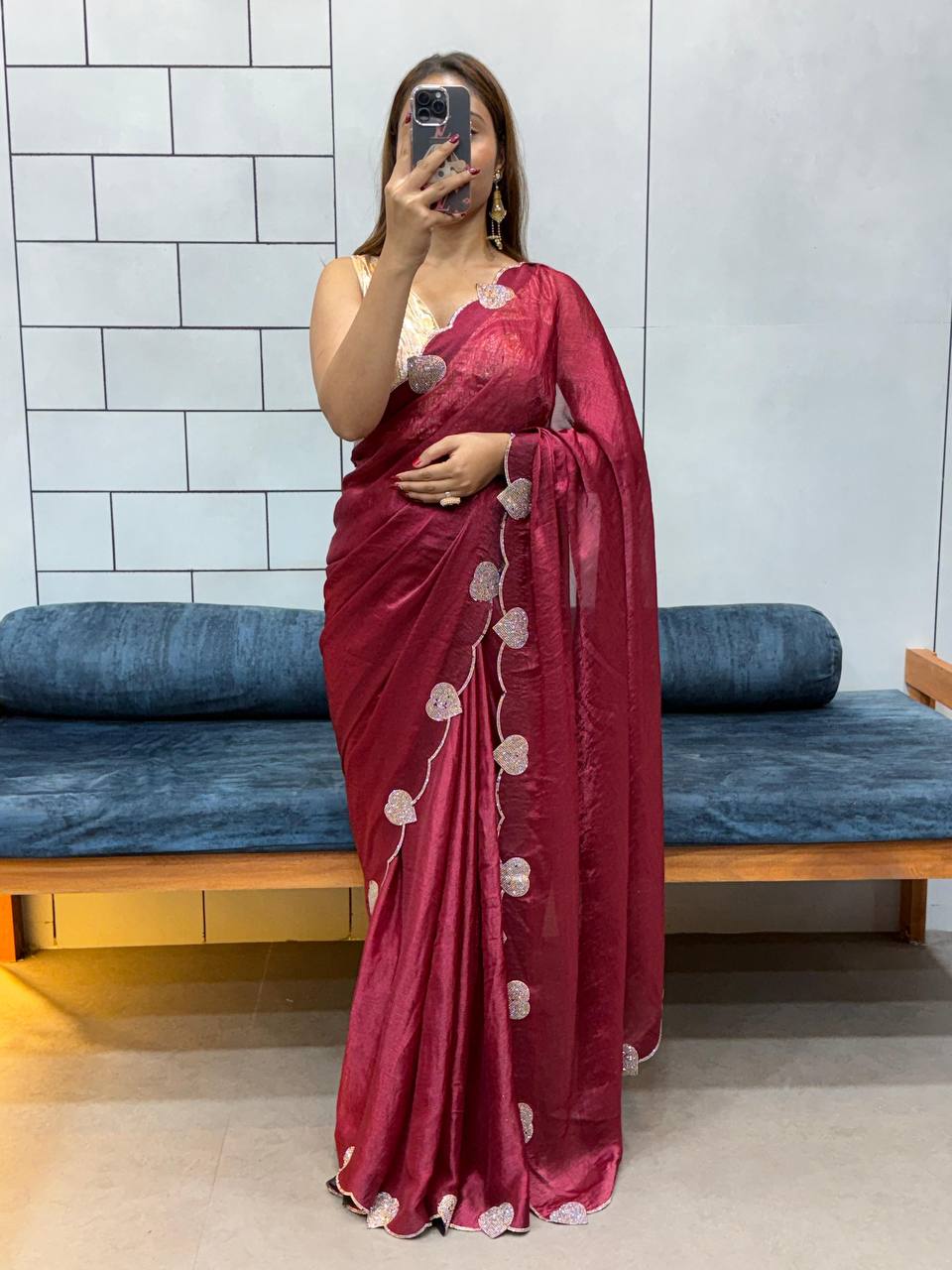 Pinkish Red Diamond Work Space Silk Saree