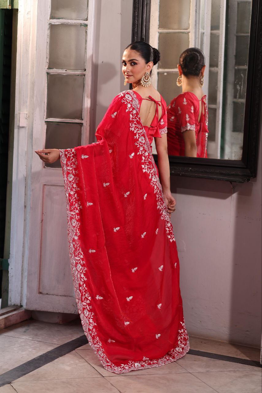 Pinkish Red Fancy Silk Saree