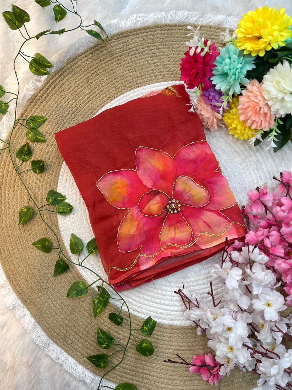 Pinkish Red Floral Printed Designer Georgette Saree