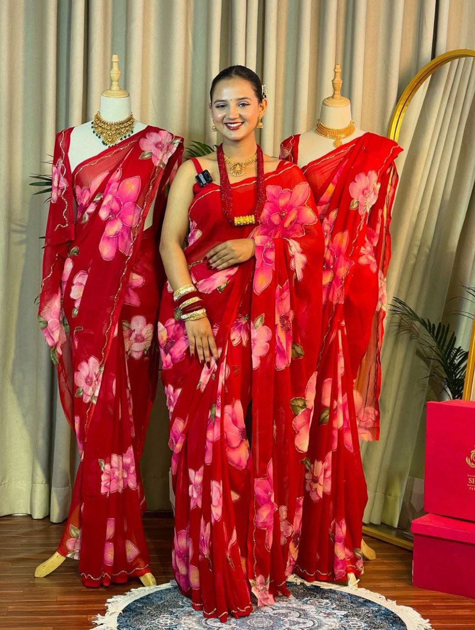 Pinkish Red Floral Printed Designer Georgette Saree