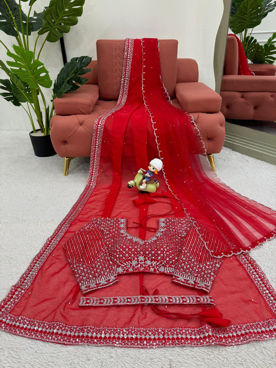 Pinkish Red Tabby Organza Saree WIth Soft Net Dupatta