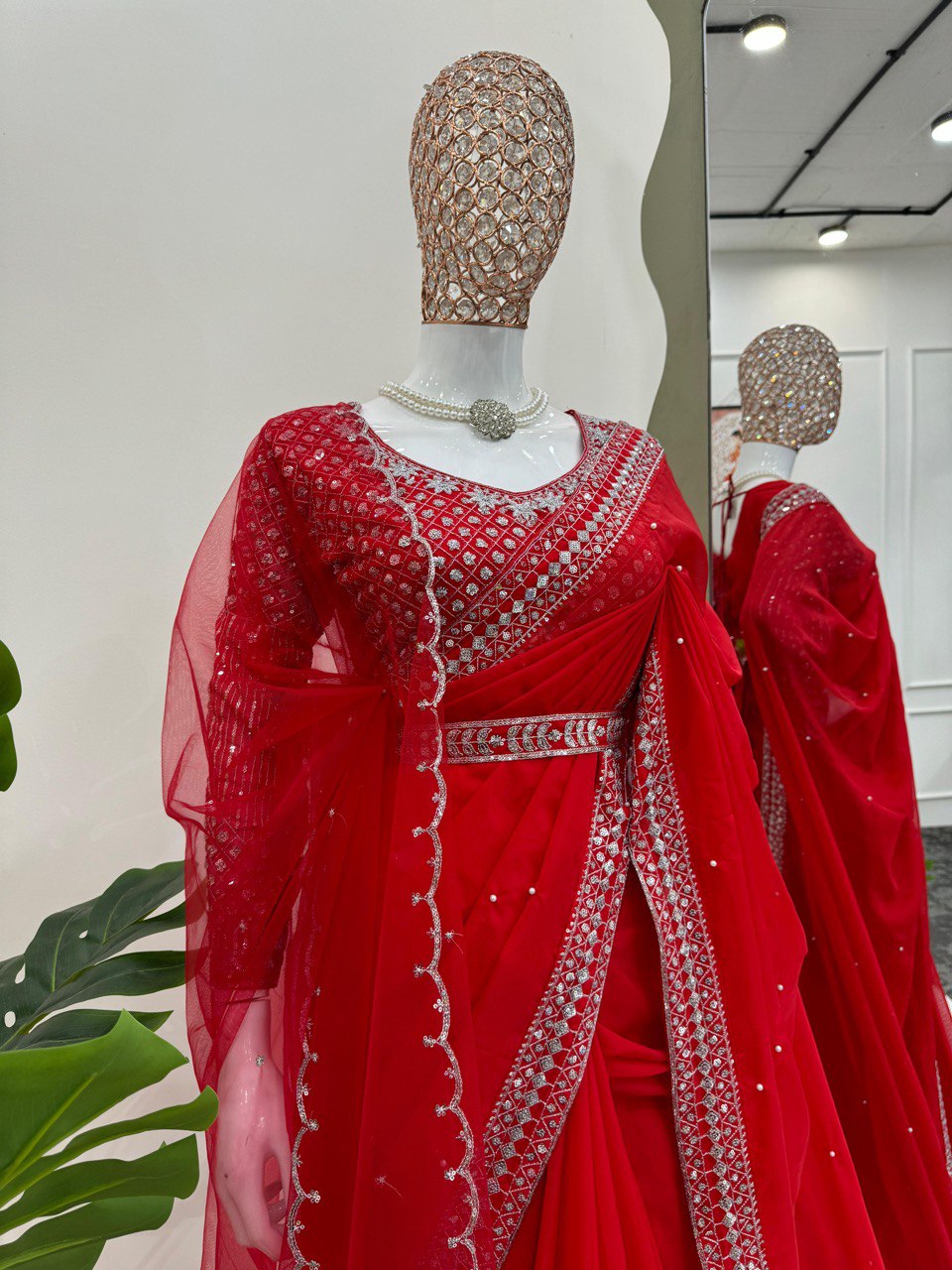 Pinkish Red Tabby Organza Saree WIth Soft Net Dupatta