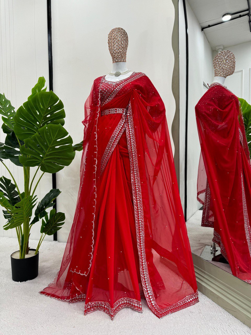 Pinkish Red Tabby Organza Saree WIth Soft Net Dupatta