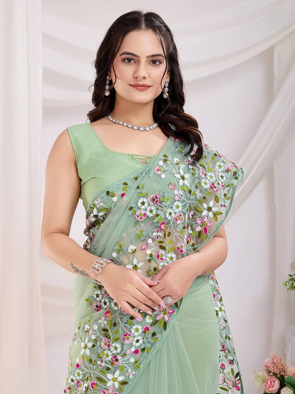 Pista Designer Soft Net Saree