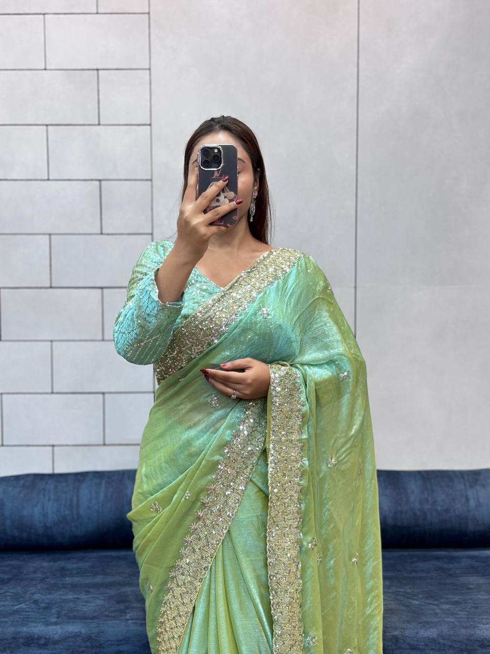 Pista Designer Two Tone Space Silk Saree