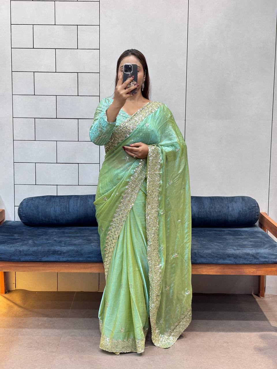 Pista Designer Two Tone Space Silk Saree