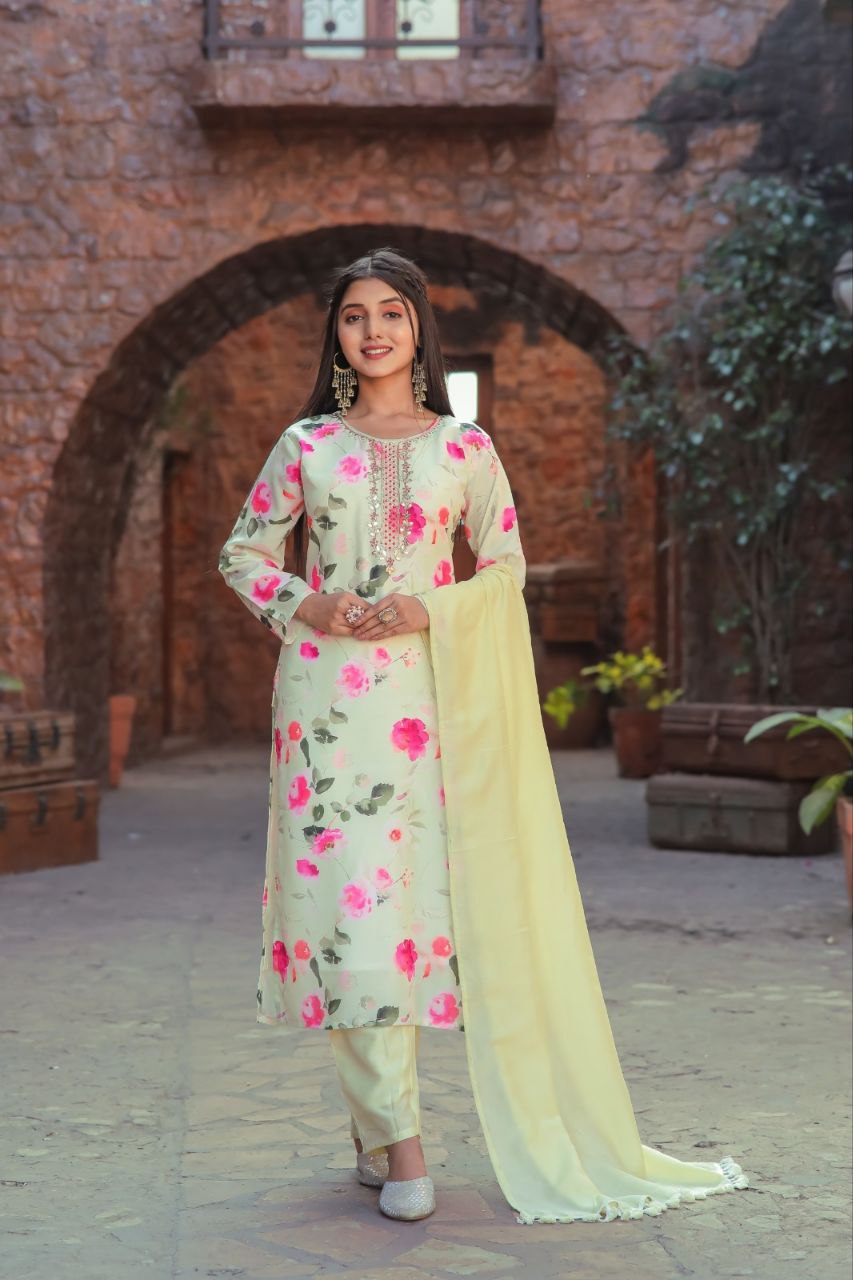 Pista Floral Cotton Kurta Pant With Dupatta
