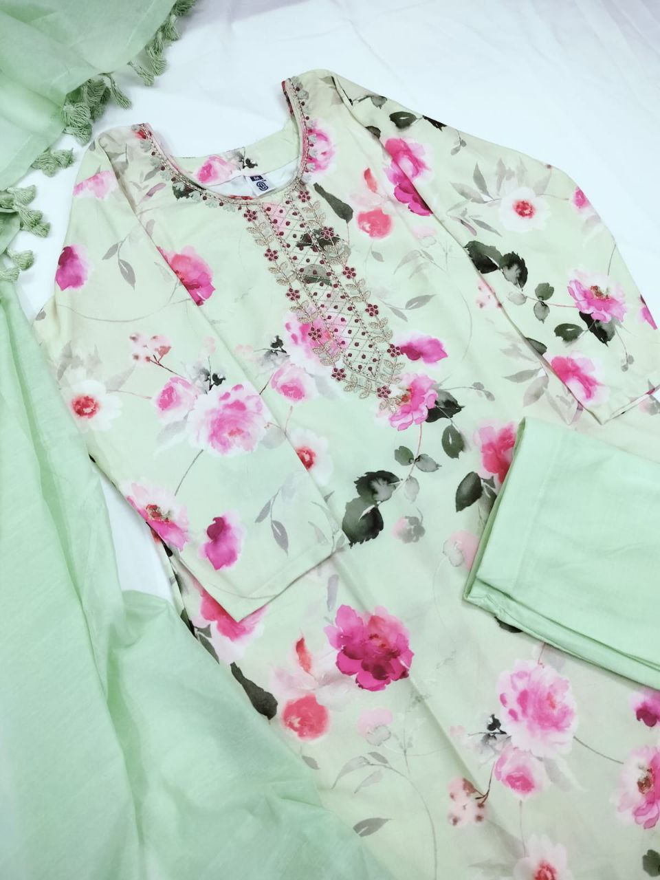 Pista Floral Cotton Kurta Pant With Dupatta