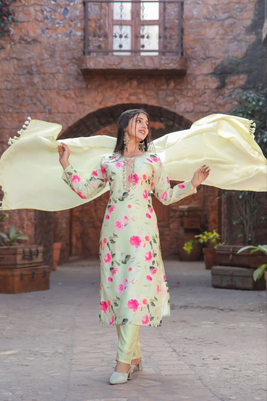 Pista Floral Cotton Kurta Pant With Dupatta