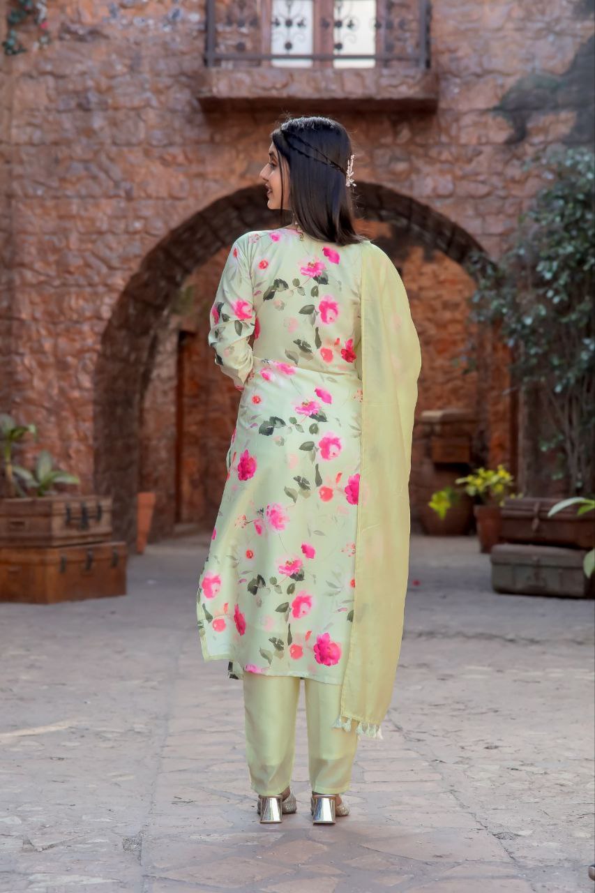 Pista Floral Cotton Kurta Pant With Dupatta