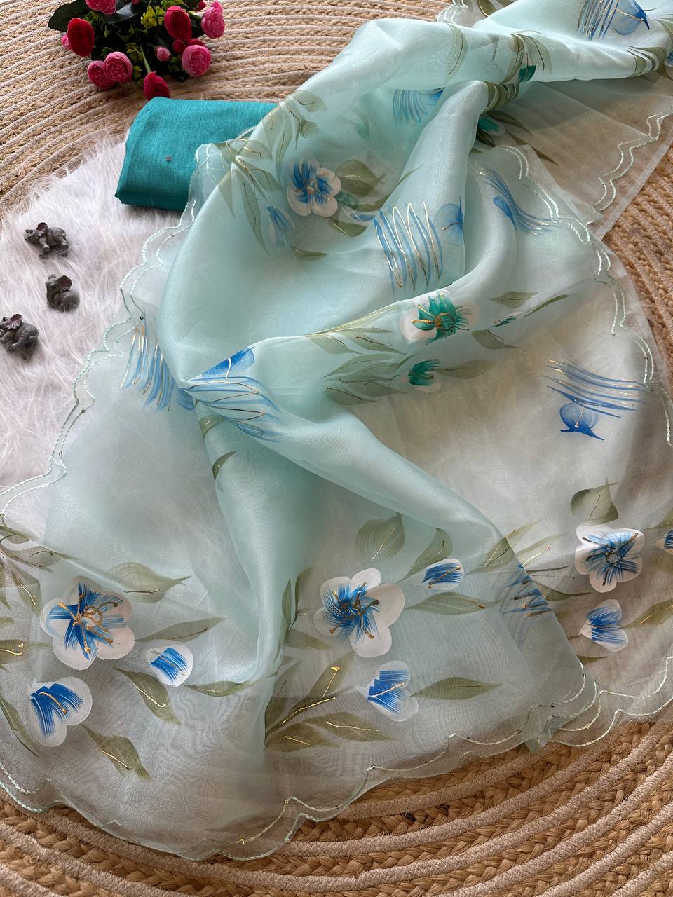 Pista Floral Handprinted Organza Silk Saree