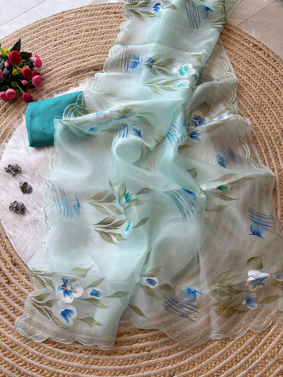 Pista Floral Handprinted Organza Silk Saree