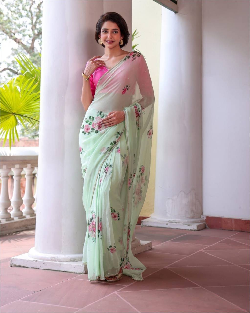 Pista Floral Tabby Organza Saree