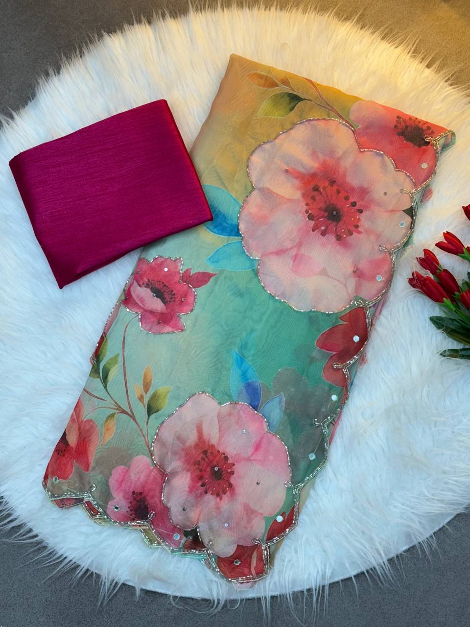 Pista Floral Tabby Organza Saree