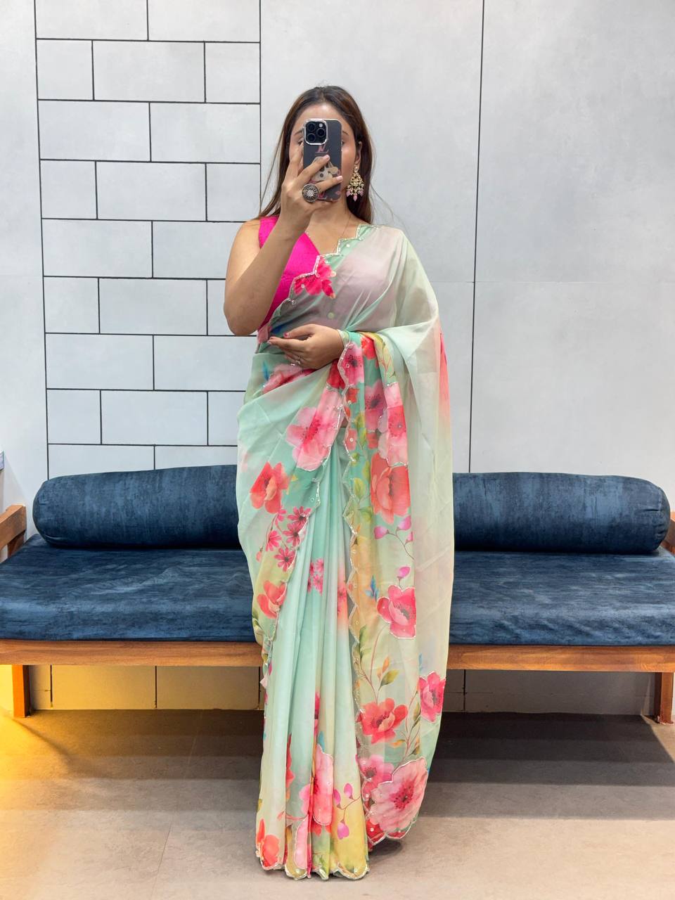 Pista Floral Tabby Organza Saree