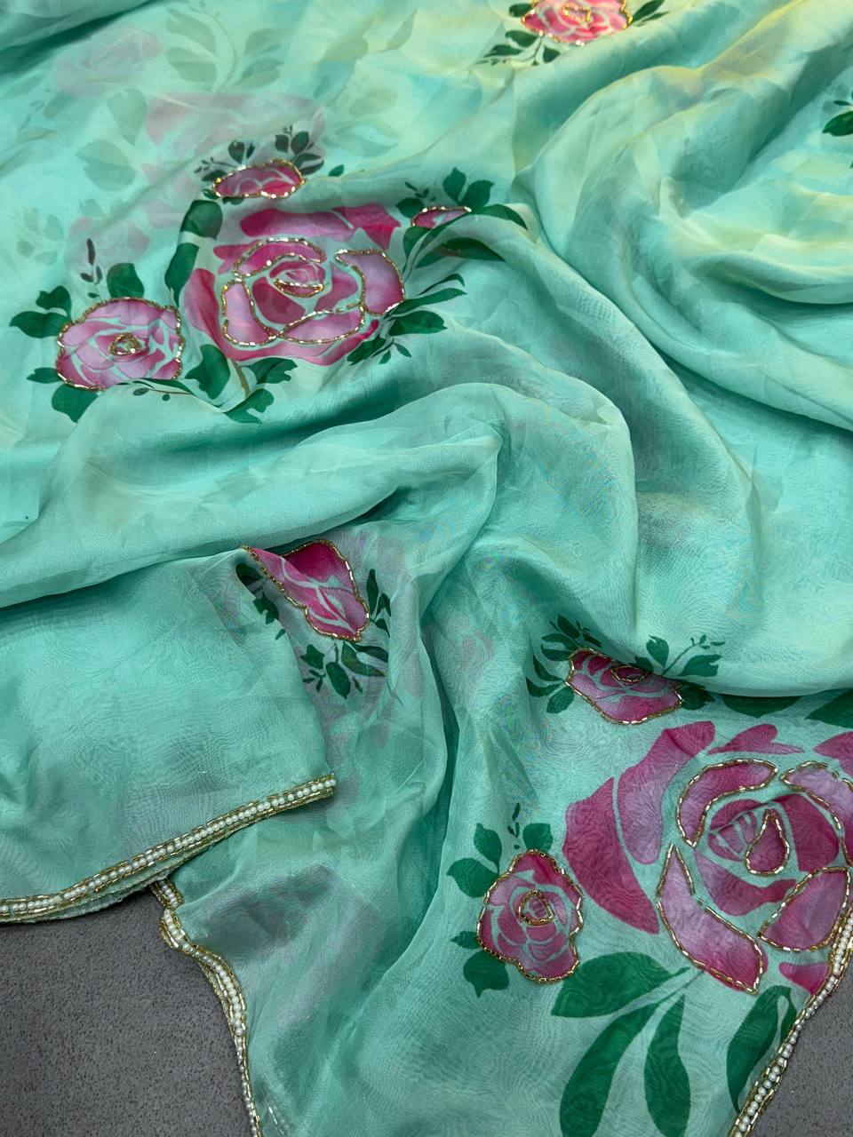 Pista Floral Tabby Organza Saree
