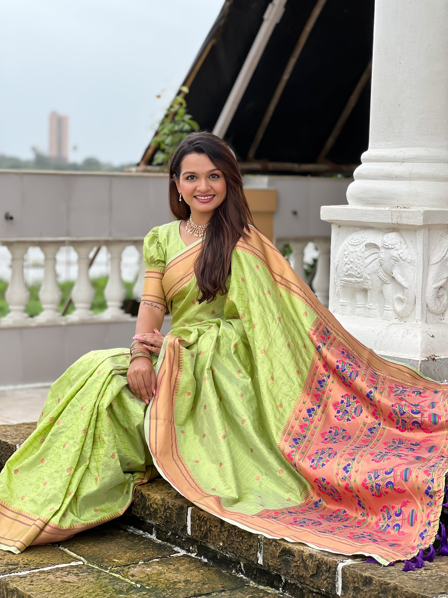 Pista Maharashtrian Paithani Silk Saree