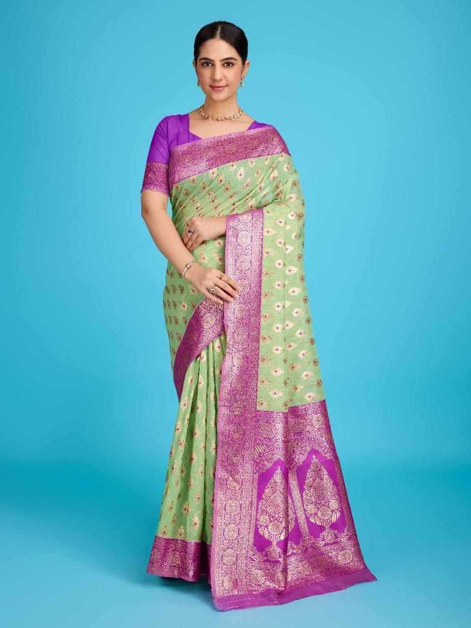 Pista Pure Linen Banarasi Silk Saree