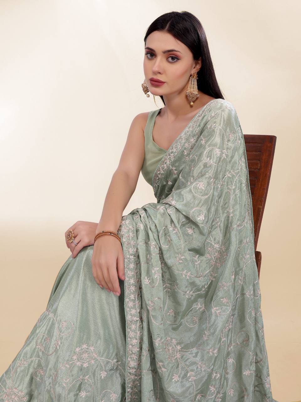 Pista Silver Party Wear Chinon Silk Saree