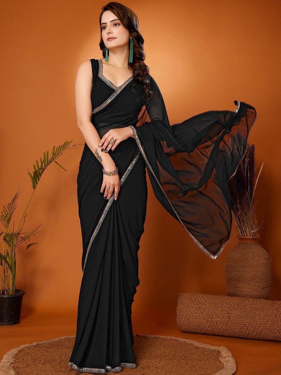 Black Plain Georgette Saree