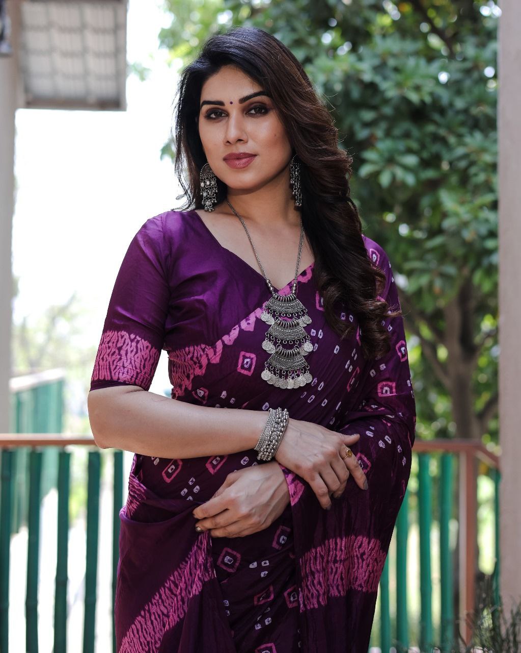 Purple Pure Bandhej Silk Saree