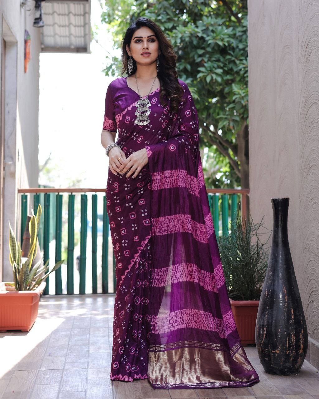 Purple Pure Bandhej Silk Saree