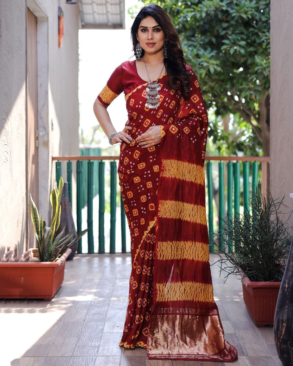 Maroon Pure Bandhej Silk Saree