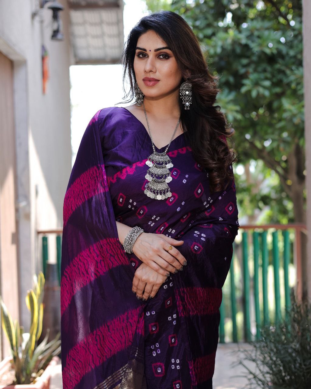 Purple Pure Bandhej Silk Saree