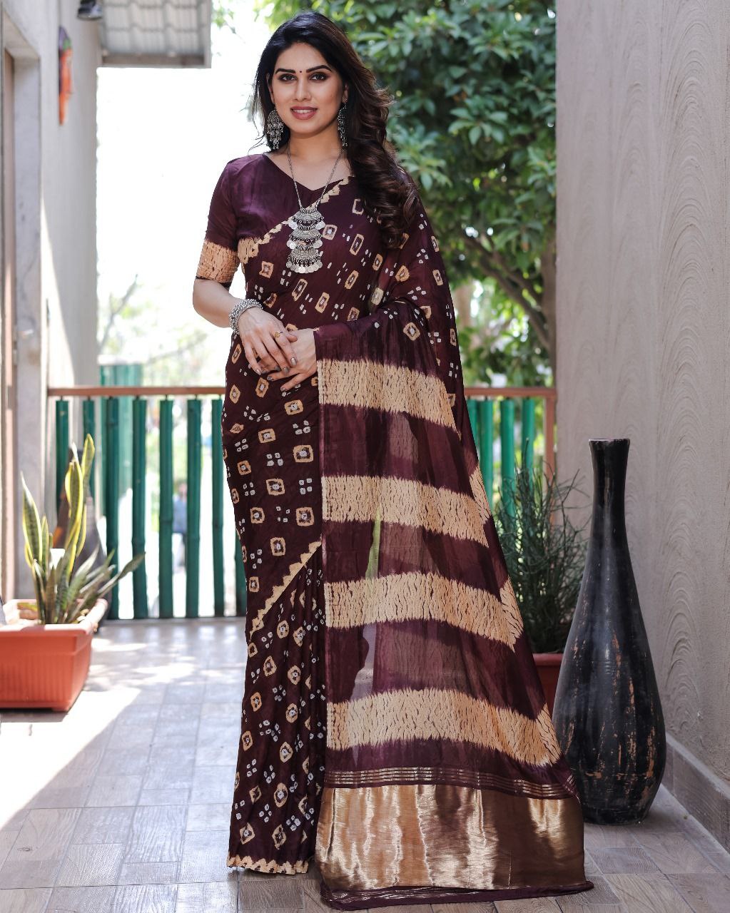 Coffee Pure Bandhej Silk Saree