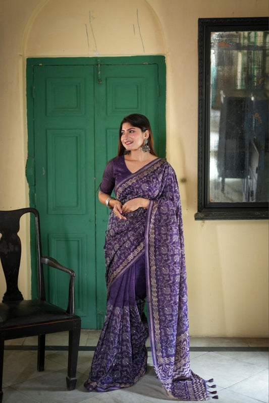 Purple Batik Printed Tussar Silk Saree