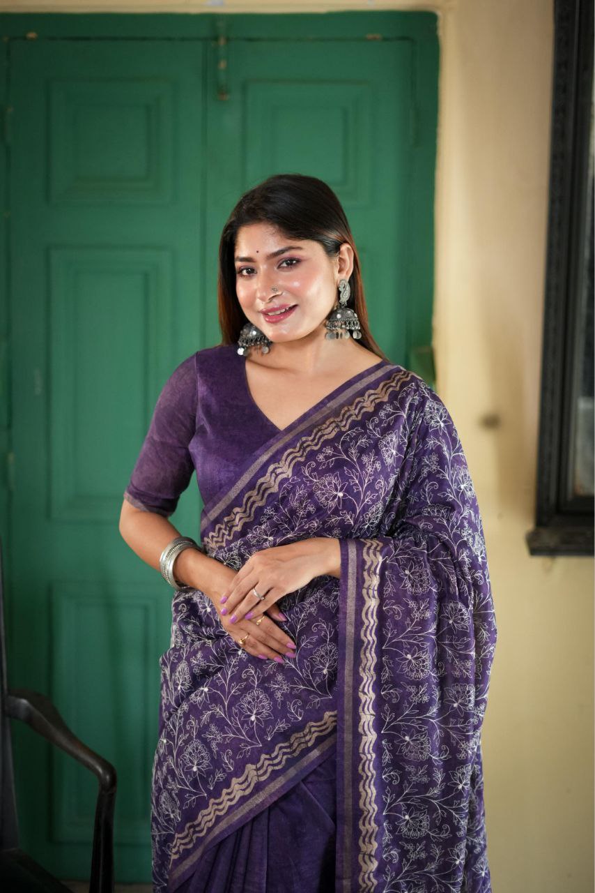 Purple Batik Printed Tussar Silk Saree