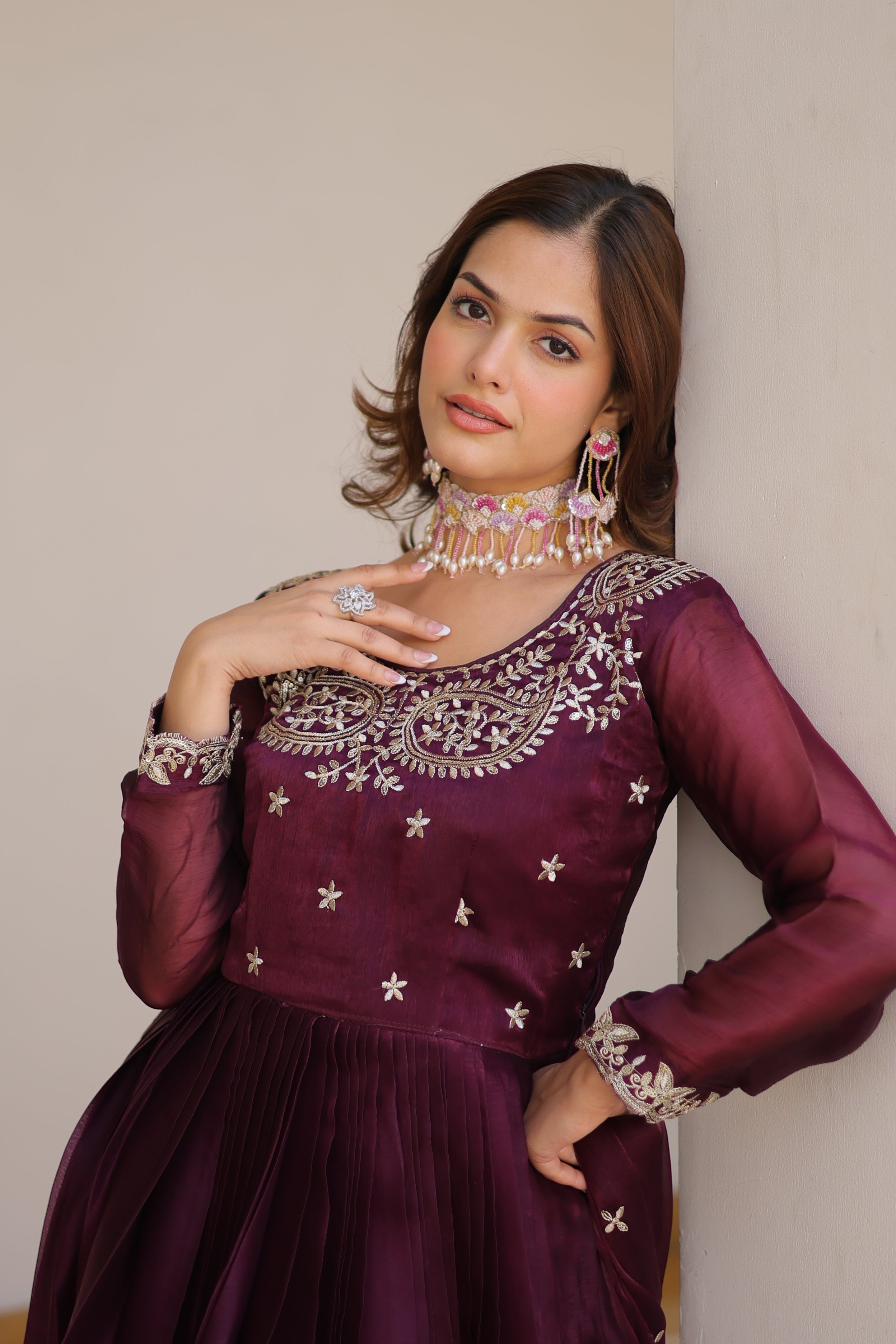 Purple Designer Burberry Silk Gown Dress With Dupatta