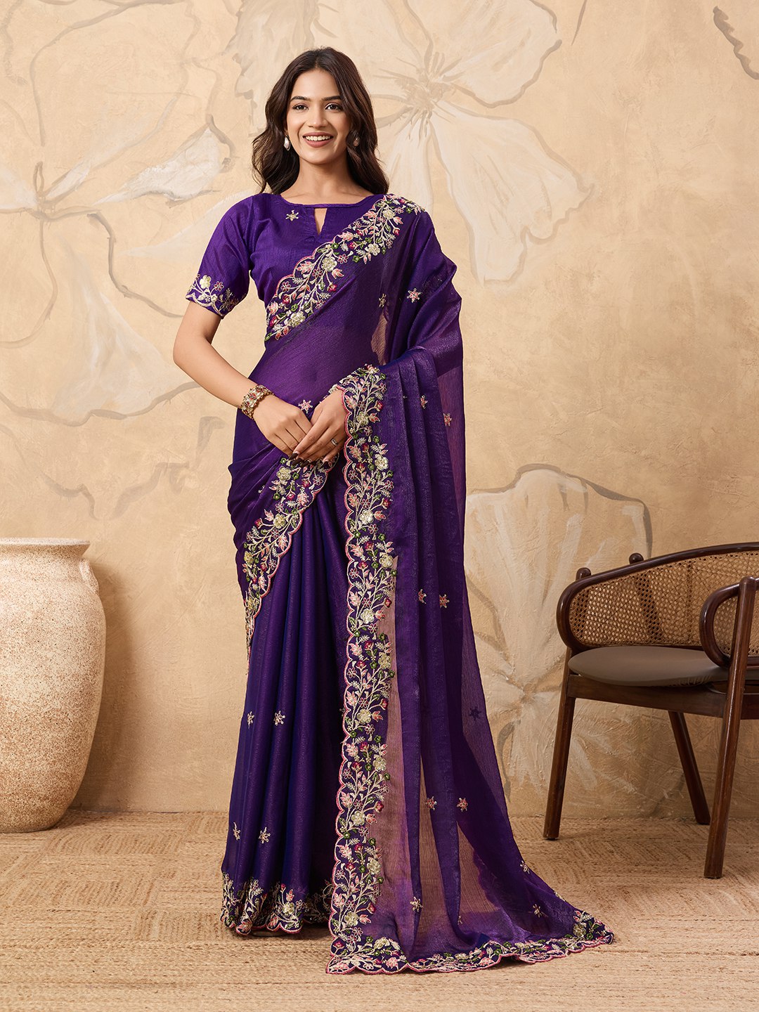 Purple Designer Fandy Chiffon Silk Saree