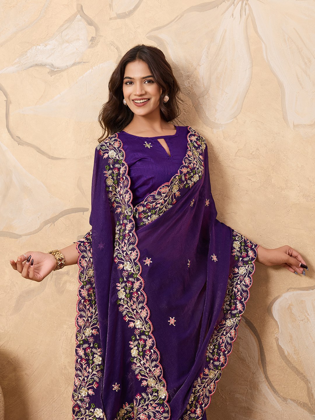 Purple Designer Fandy Chiffon Silk Saree