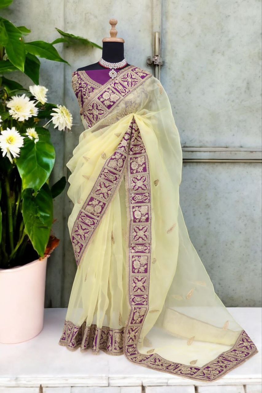 Lime Designer Organza Silk Saree