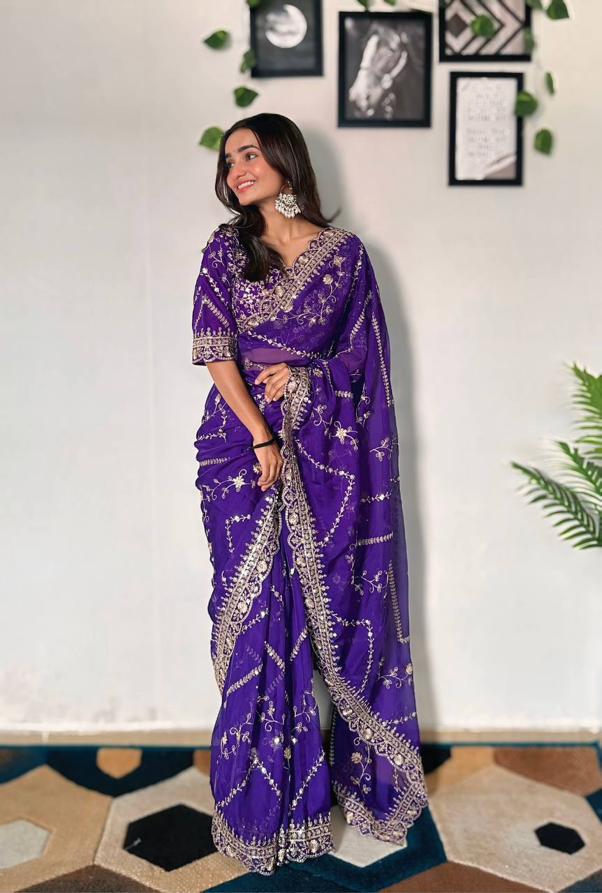 Purple Designer Organza Silk Saree