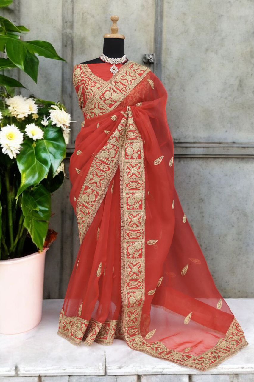 Orange Designer Organza Silk Saree