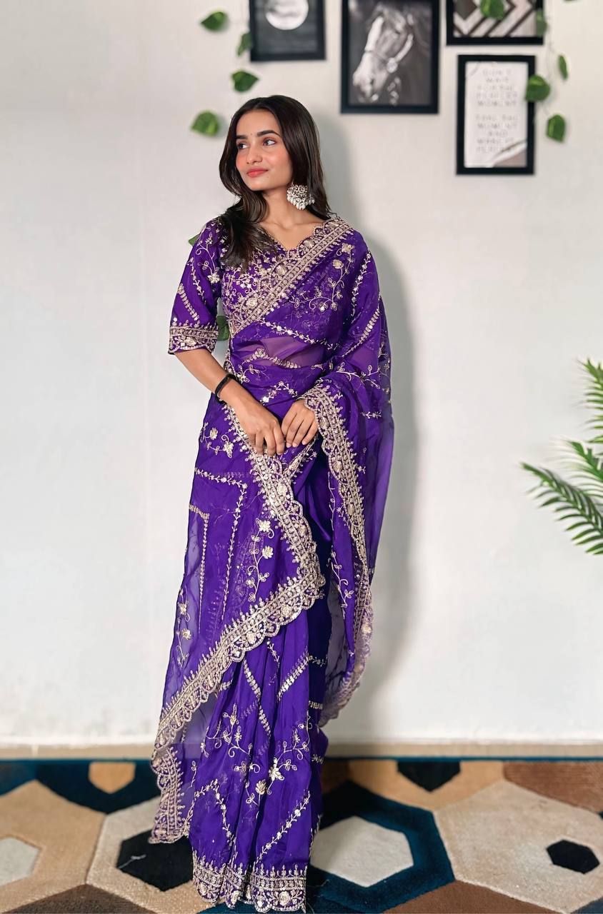 Purple Designer Organza Silk Saree