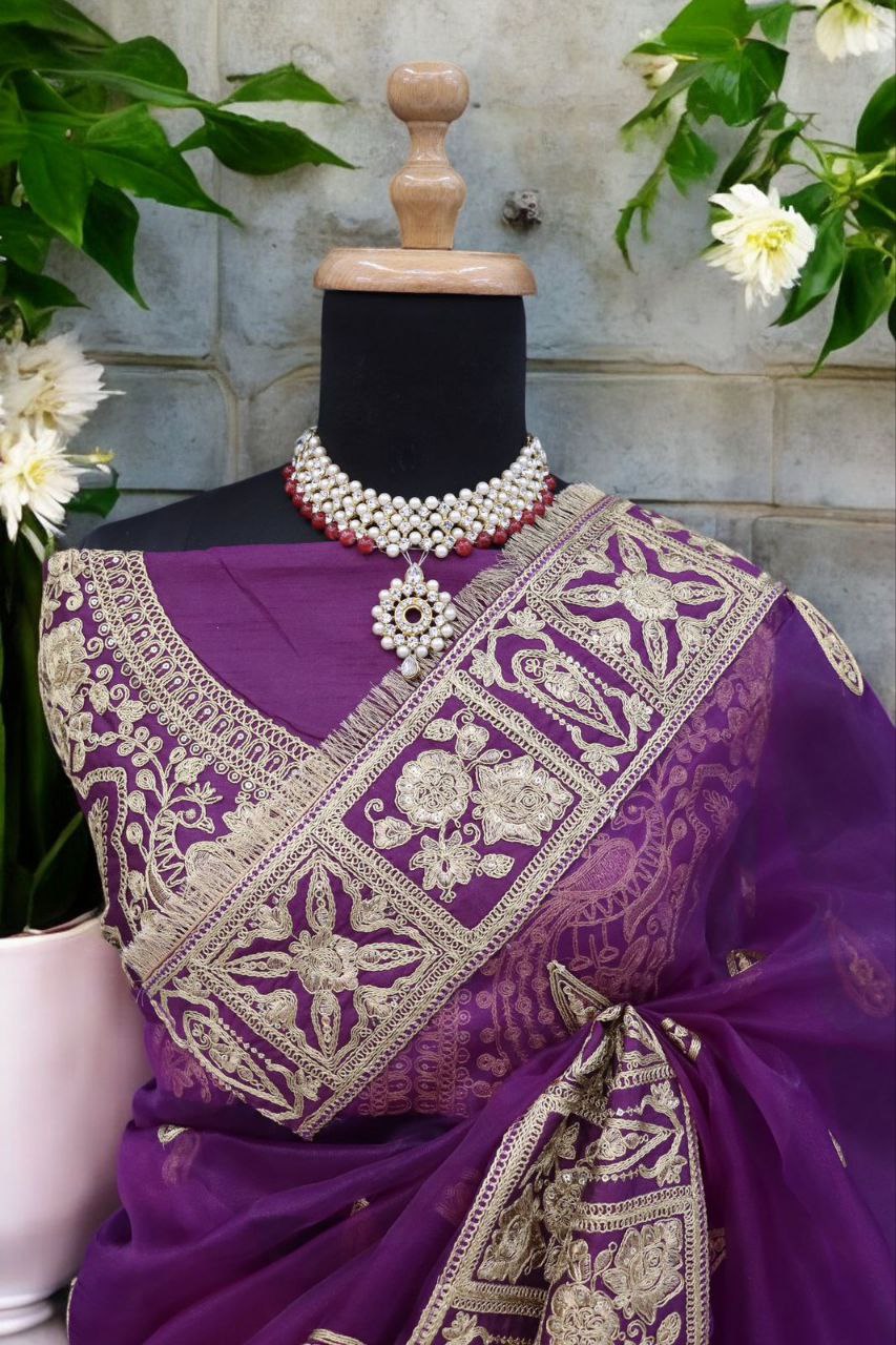 Purple Designer Organza Silk Saree