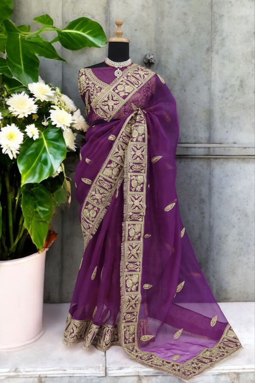 Purple Designer Organza Silk Saree