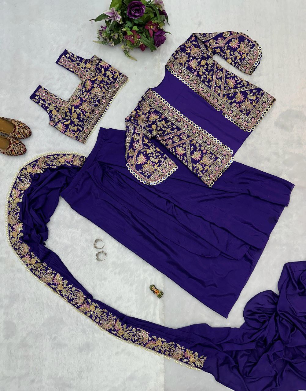 Purple Designer Ready To Wear Chinon Silk Saree