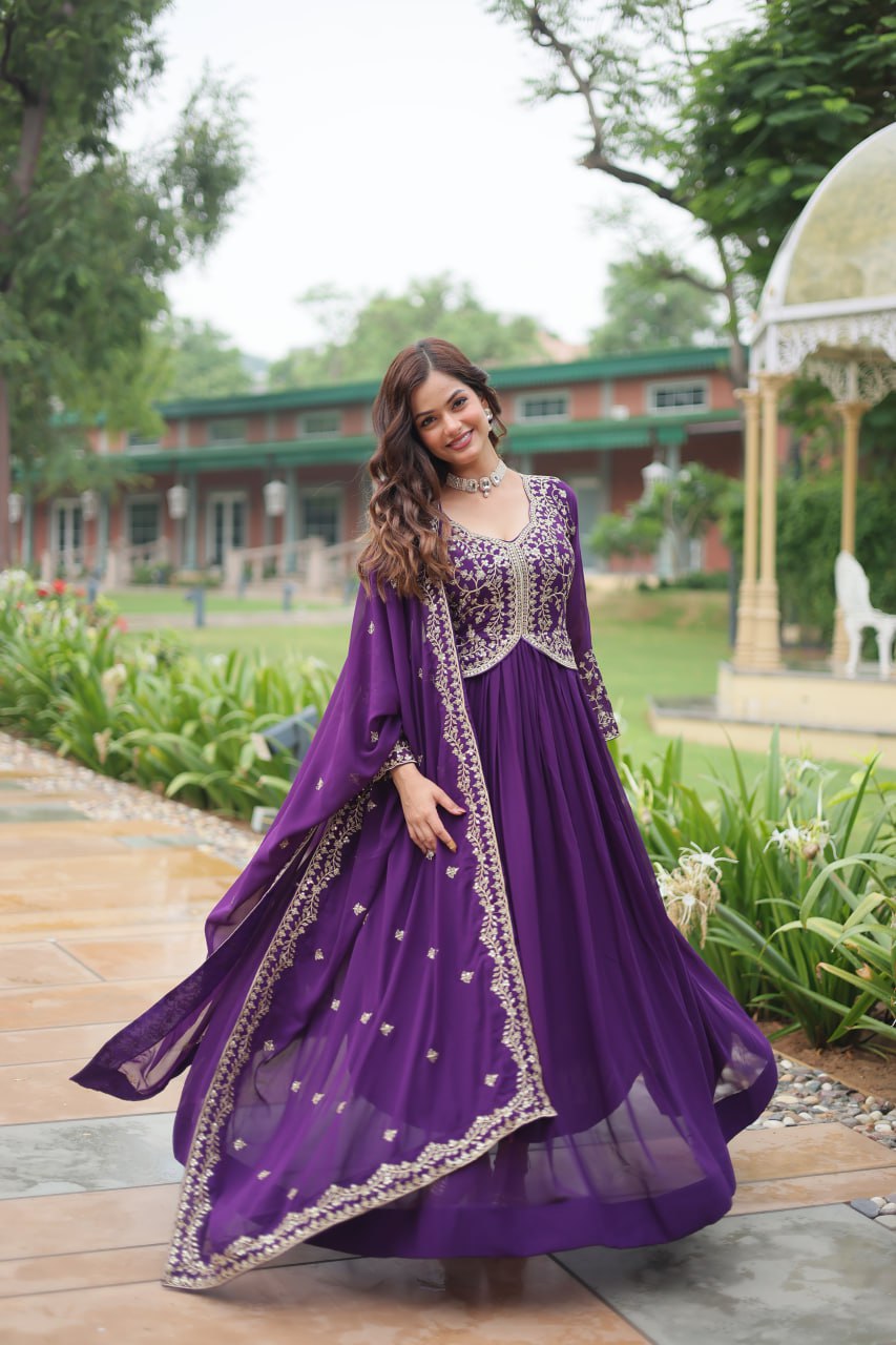 Purple Designer Wedding Wear Long Gown Dress