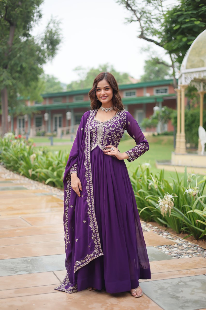 Purple Designer Wedding Wear Long Gown Dress