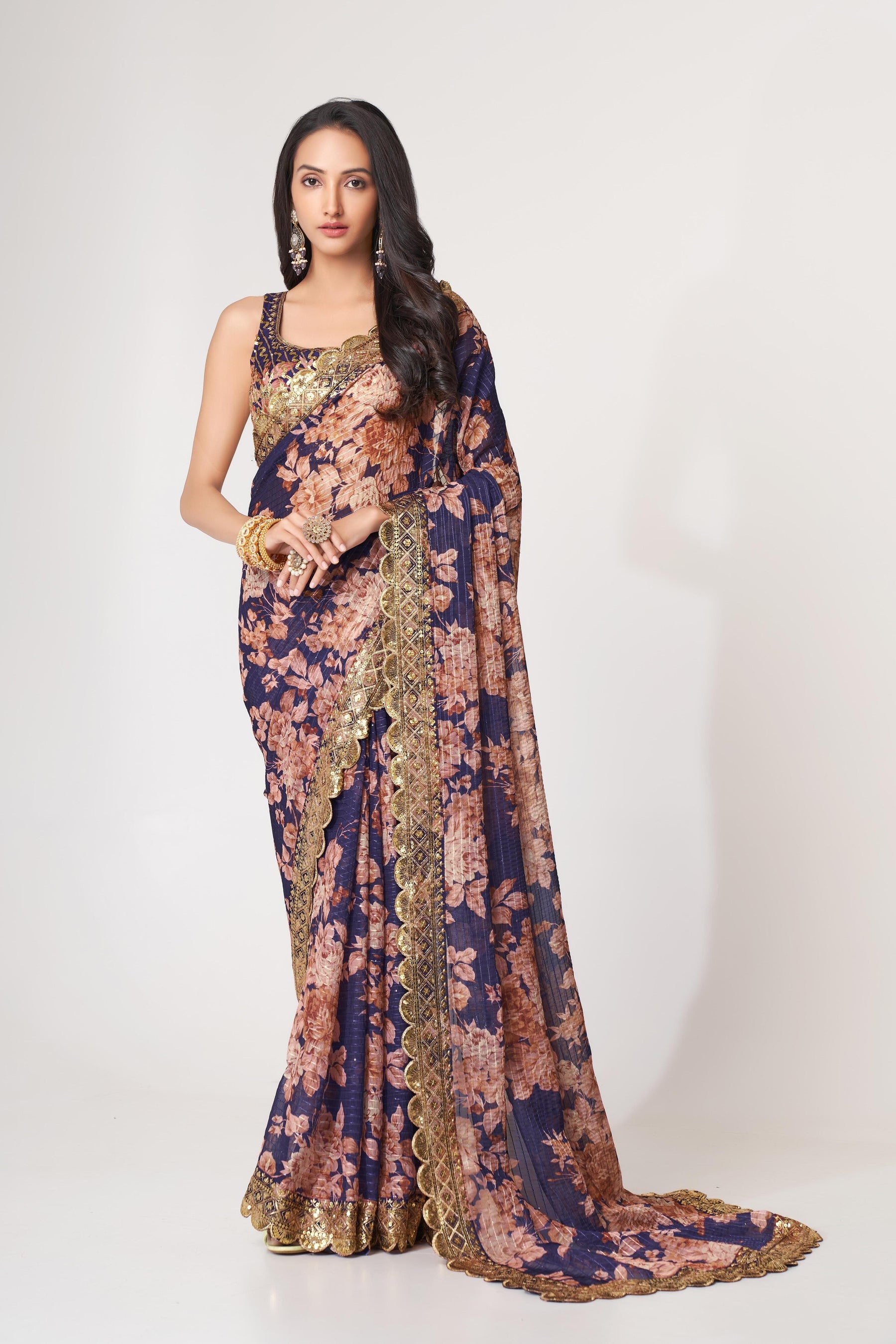 Purple Floral Printed Organza Saree With Blouse | 100% Original Saree